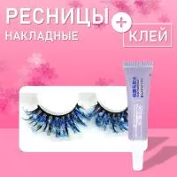 Ресницы накладные пучки с блестками синие с клеем